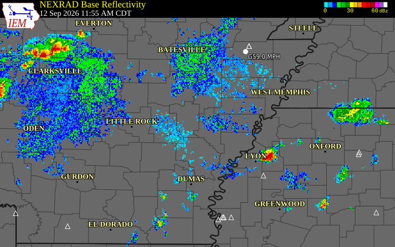 Current NEXRAD radar over Prairie County, Arkansas with recent storm report locations