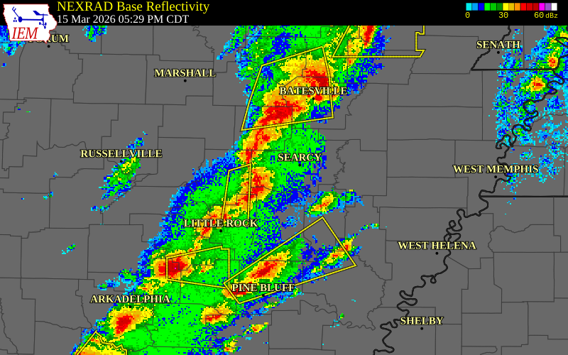 NEXRAD radar during the Sunday, March 15, 2026 storm activity in Pulaski County, Arkansas