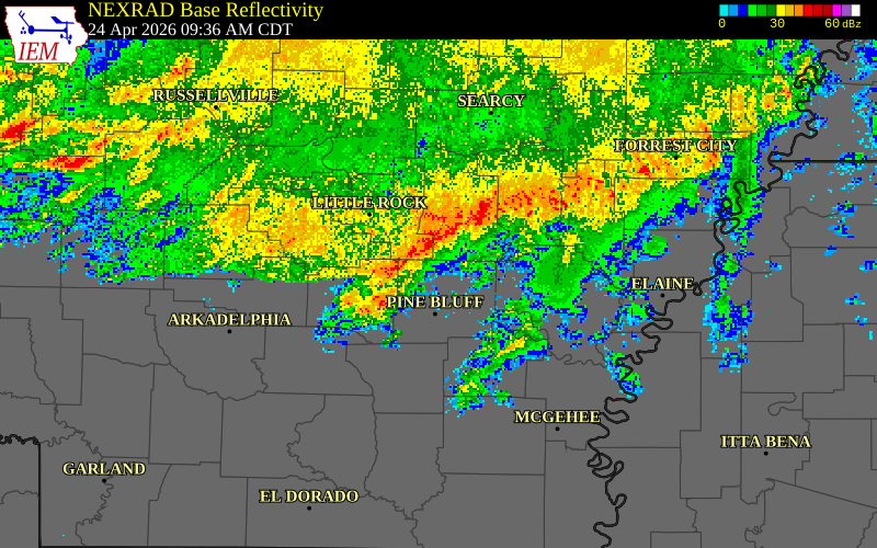 NEXRAD radar during the Friday, April 24, 2026 storm activity in Pulaski County, Arkansas