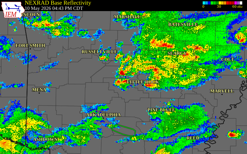 NEXRAD radar during the Sunday, May 10, 2026 storm activity in Pulaski County, Arkansas