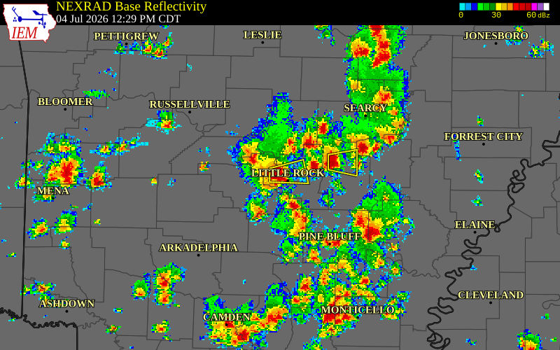 NEXRAD radar during the Saturday, July 4, 2026 storm activity in Pulaski County, Arkansas