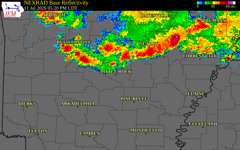 NEXRAD radar during the Saturday, July 11, 2026 storm activity in Pulaski County, Arkansas