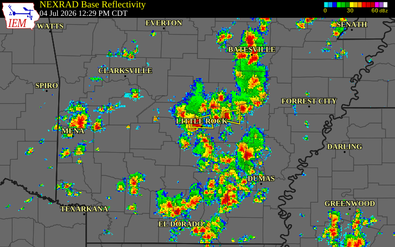 Radar snapshot during the Aug 7, 2026 wind event near Pulaski County, Pulaski County, Arkansas, with NWS warning polygons