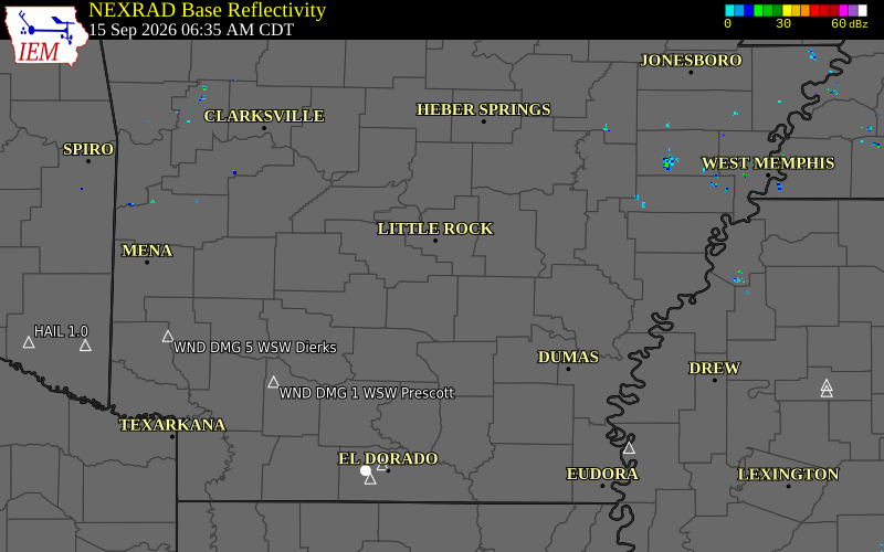 Current NEXRAD radar over Pulaski County, Arkansas with recent storm report locations