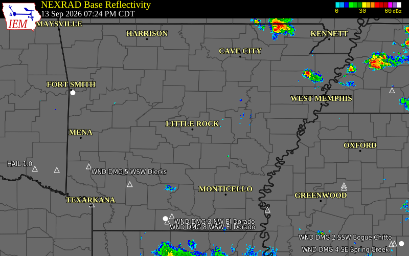 Current NEXRAD radar across Arkansas with recent storm report locations