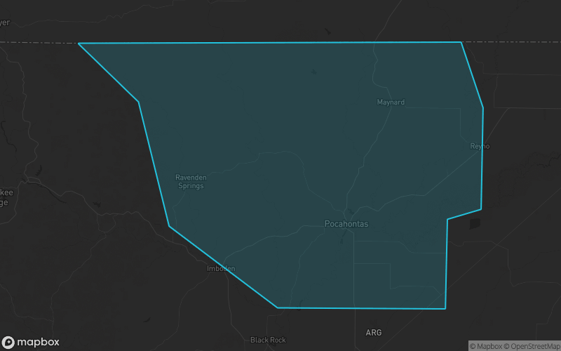 Map of Randolph County, Arkansas showing the county boundary and surrounding cities