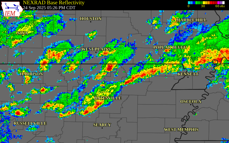 NEXRAD radar during the Wednesday, September 24, 2025 storm activity in Randolph County, Arkansas