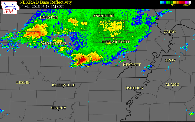 NEXRAD radar during the Wednesday, March 4, 2026 storm activity in Randolph County, Arkansas
