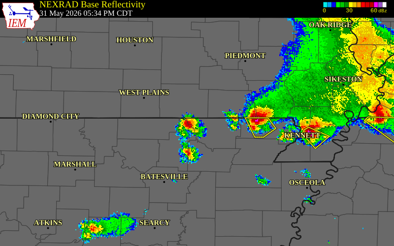 NEXRAD radar during the Sunday, May 31, 2026 storm activity in Randolph County, Arkansas
