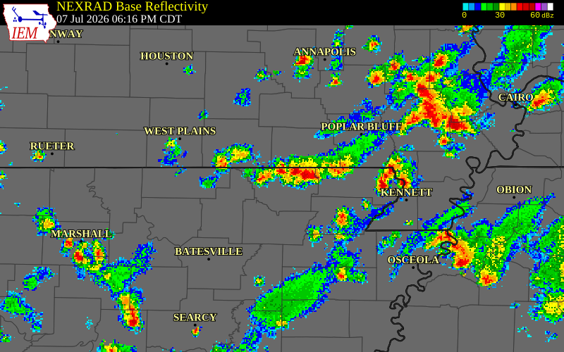 NEXRAD radar during the Tuesday, July 7, 2026 storm activity in Randolph County, Arkansas
