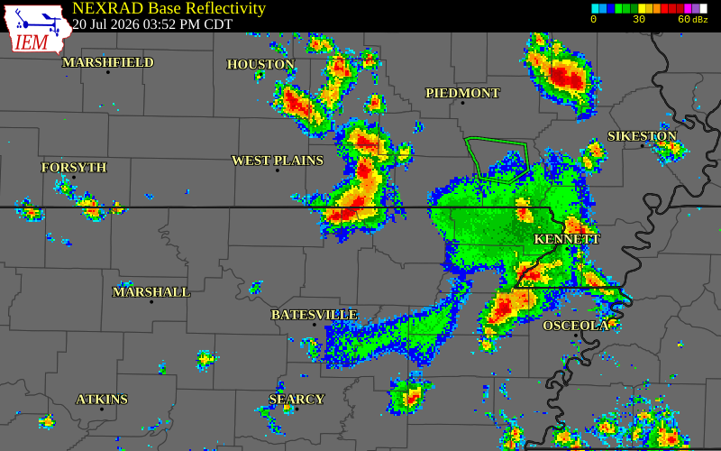 NEXRAD radar during the Monday, July 20, 2026 storm activity in Randolph County, Arkansas