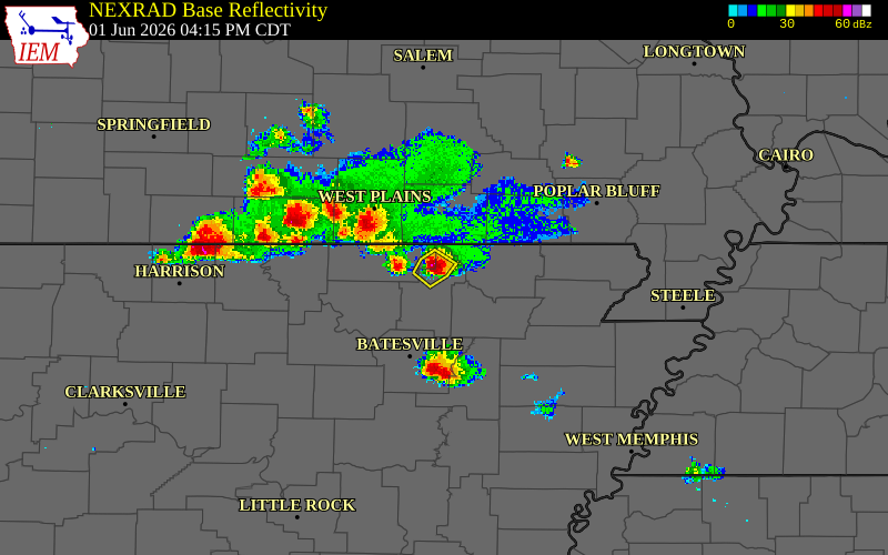 Radar snapshot during the Jun 1, 2026 hail event near Randolph County, Randolph County, Arkansas, with NWS warning polygons