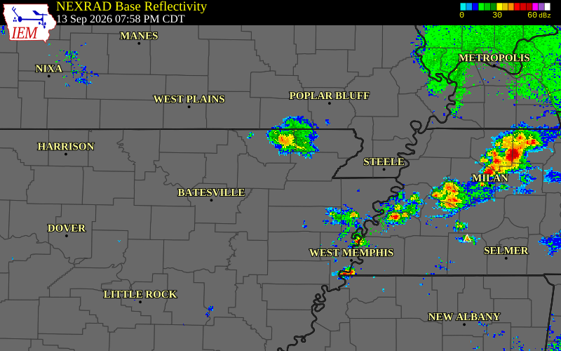 Current NEXRAD radar over Randolph County, Arkansas with recent storm report locations