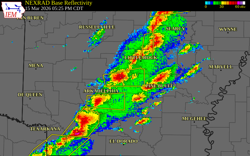 NEXRAD radar during the Sunday, March 15, 2026 storm activity in Saline County, Arkansas