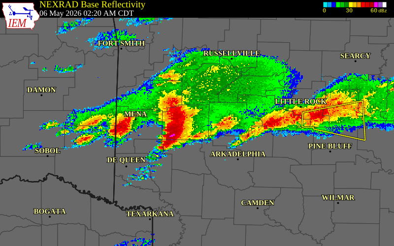 NEXRAD radar during the Wednesday, May 6, 2026 storm activity in Saline County, Arkansas