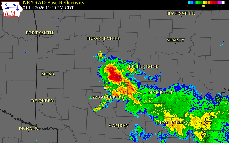 NEXRAD radar during the Wednesday, July 1, 2026 storm activity in Saline County, Arkansas