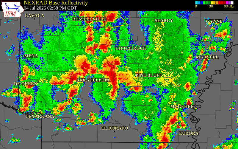 NEXRAD radar during the Saturday, July 4, 2026 storm activity in Saline County, Arkansas