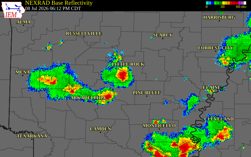 NEXRAD radar during the Wednesday, July 8, 2026 storm activity in Saline County, Arkansas