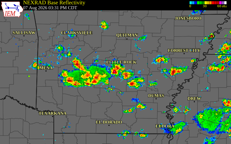 Radar snapshot during the Aug 7, 2026 wind event near Saline County, Saline County, Arkansas, with NWS warning polygons