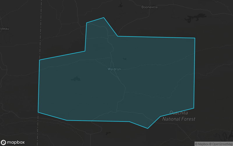 Map of Scott County, Arkansas showing the county boundary and surrounding cities