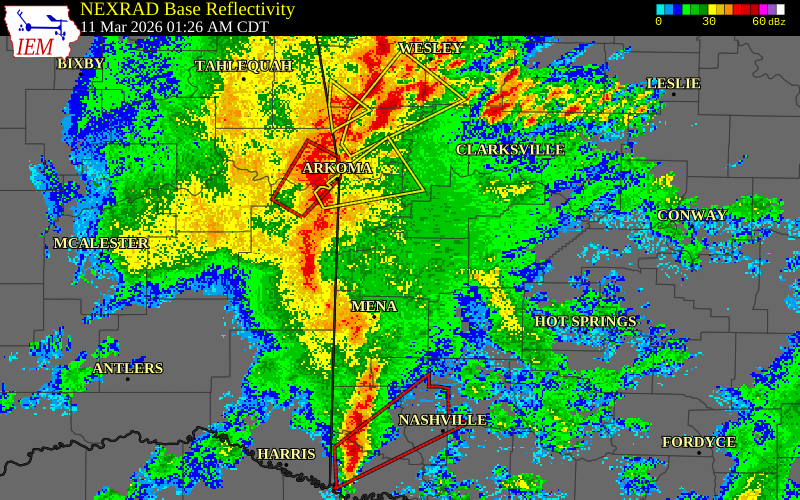 NEXRAD radar during the Wednesday, March 11, 2026 storm activity in Scott County, Arkansas