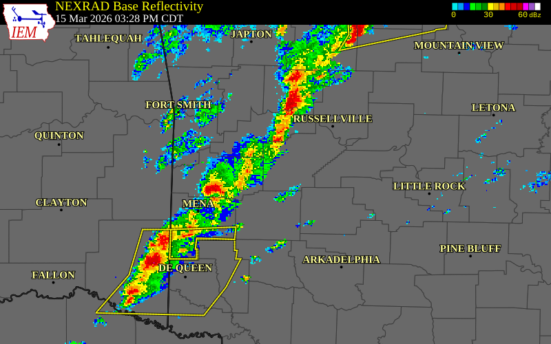 NEXRAD radar during the Sunday, March 15, 2026 storm activity in Scott County, Arkansas
