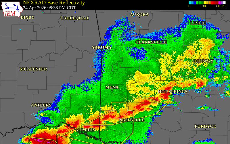 NEXRAD radar during the Friday, April 24, 2026 storm activity in Scott County, Arkansas