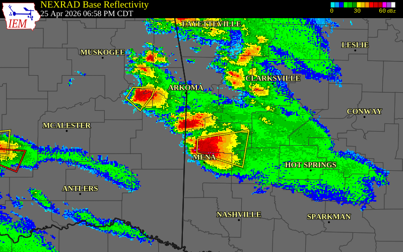 NEXRAD radar during the Saturday, April 25, 2026 storm activity in Scott County, Arkansas
