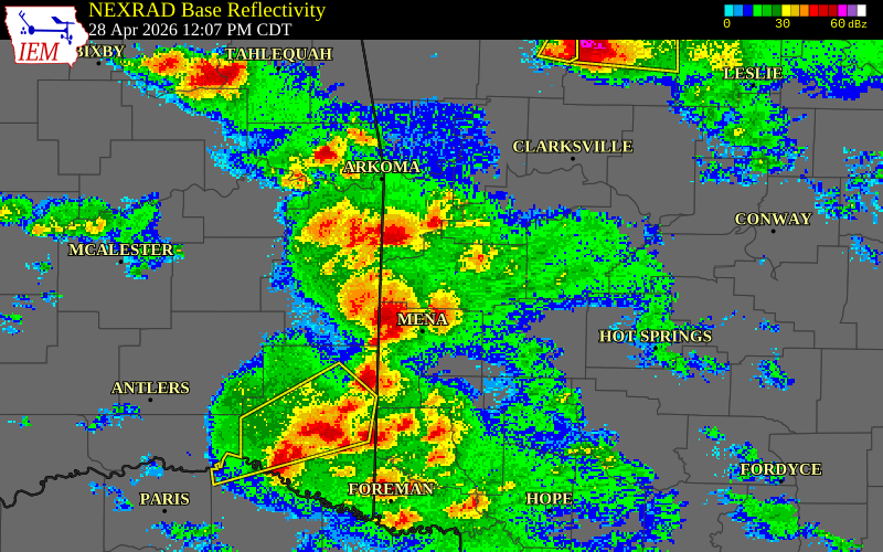 NEXRAD radar during the Tuesday, April 28, 2026 storm activity in Scott County, Arkansas