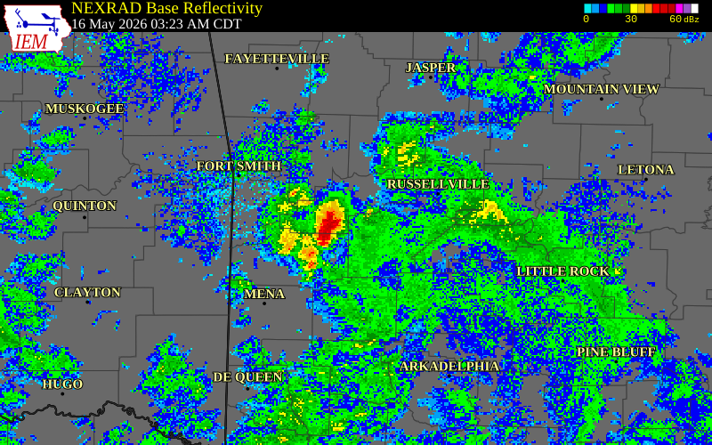 NEXRAD radar during the Saturday, May 16, 2026 storm activity in Scott County, Arkansas