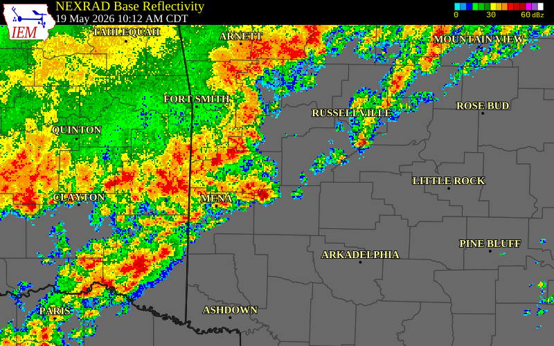 NEXRAD radar during the Tuesday, May 19, 2026 storm activity in Scott County, Arkansas