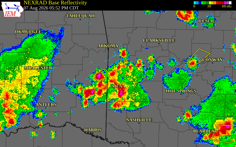 NEXRAD radar during the Friday, August 7, 2026 storm activity in Scott County, Arkansas