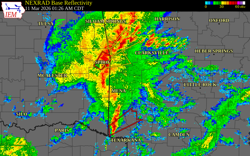 Radar snapshot during the Mar 11, 2026 wind event near Scott County, Scott County, Arkansas, with NWS warning polygons