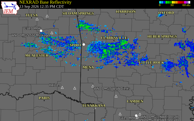 Current NEXRAD radar over Scott County, Arkansas with recent storm report locations