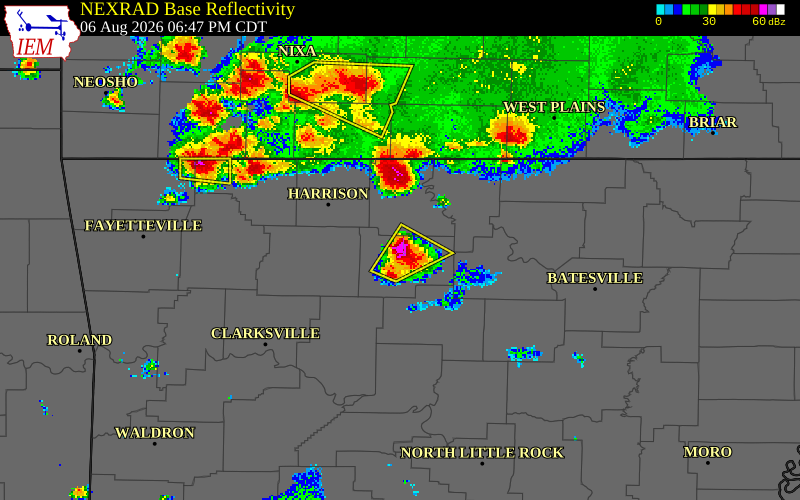 NEXRAD radar during the Thursday, August 6, 2026 storm activity in Searcy County, Arkansas