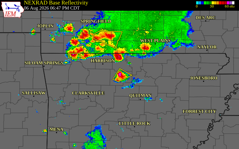 Radar snapshot during the Aug 6, 2026 wind event near Gilbert, Searcy County, Arkansas, with NWS warning polygons
