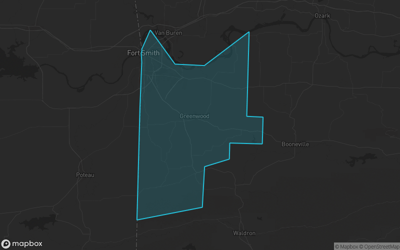 Map of Sebastian County, Arkansas showing the county boundary and surrounding cities