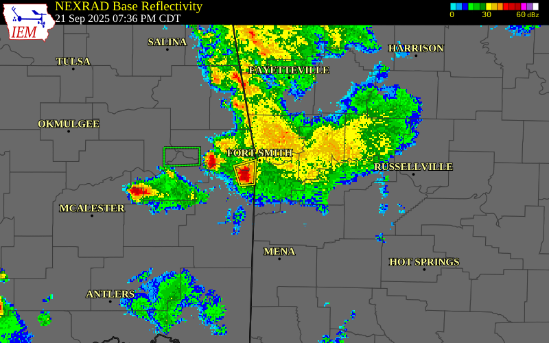 NEXRAD radar during the Sunday, September 21, 2025 storm activity in Sebastian County, Arkansas
