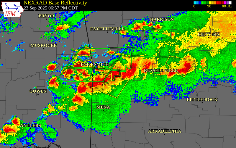 NEXRAD radar during the Tuesday, September 23, 2025 storm activity in Sebastian County, Arkansas