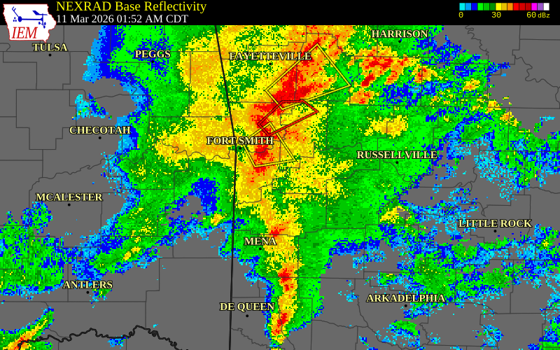 NEXRAD radar during the Wednesday, March 11, 2026 storm activity in Sebastian County, Arkansas