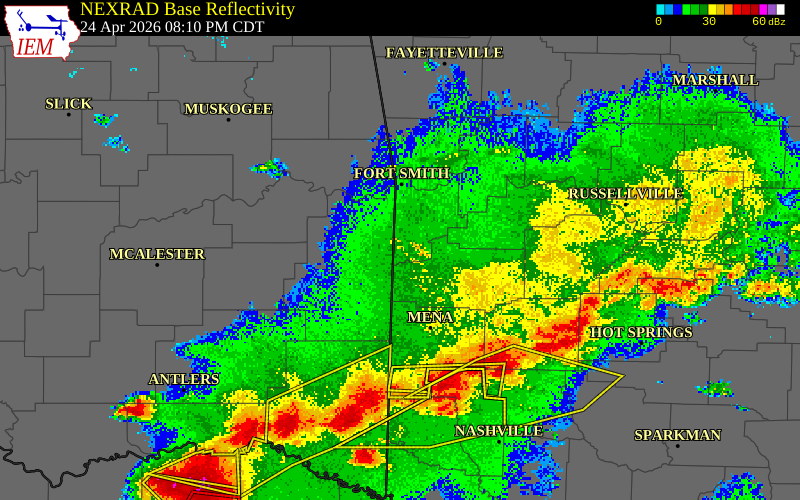 NEXRAD radar during the Friday, April 24, 2026 storm activity in Sebastian County, Arkansas