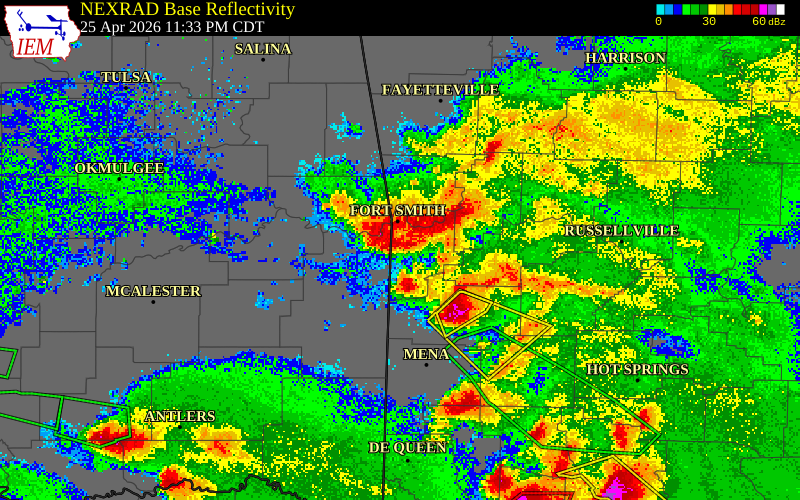 NEXRAD radar during the Saturday, April 25, 2026 storm activity in Sebastian County, Arkansas