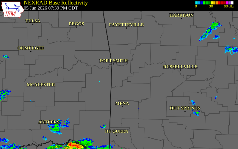 NEXRAD radar during the Friday, June 5, 2026 storm activity in Sebastian County, Arkansas