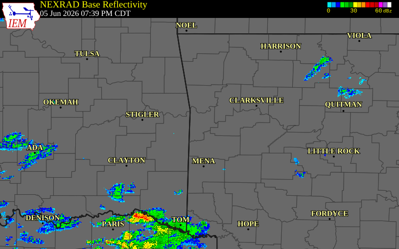 Radar snapshot during the Jun 5, 2026 tornado event near 1 SE Excelsior, Sebastian County, Arkansas, with NWS warning polygons