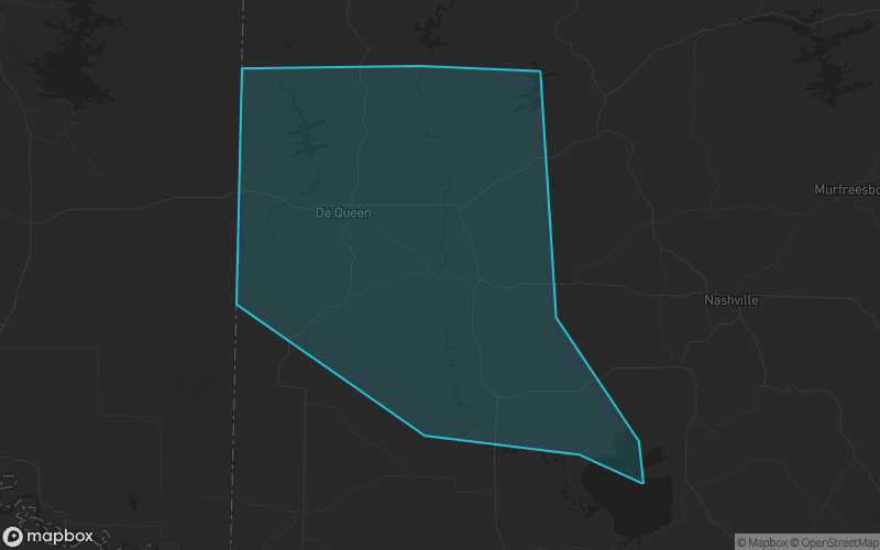 Map of Sevier County, Arkansas showing the county boundary and surrounding cities