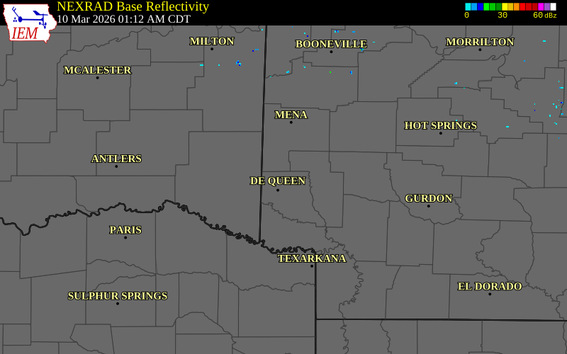 NEXRAD radar during the Tuesday, March 10, 2026 storm activity in Sevier County, Arkansas