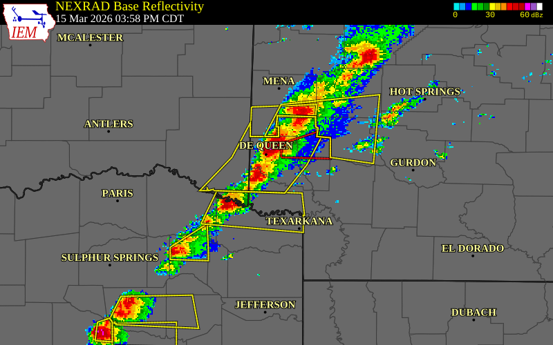 NEXRAD radar during the Sunday, March 15, 2026 storm activity in Sevier County, Arkansas