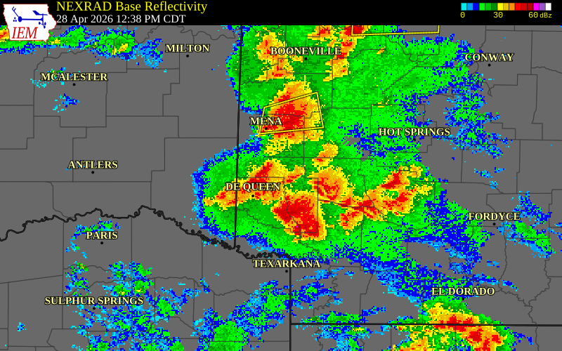 NEXRAD radar during the Tuesday, April 28, 2026 storm activity in Sevier County, Arkansas