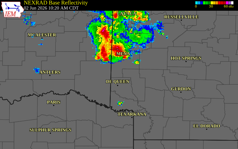 NEXRAD radar during the Tuesday, June 2, 2026 storm activity in Sevier County, Arkansas