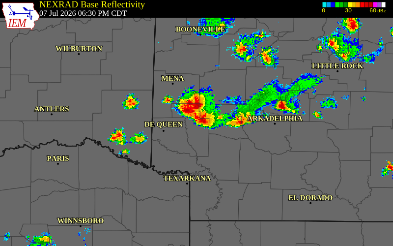 NEXRAD radar during the Tuesday, July 7, 2026 storm activity in Sevier County, Arkansas